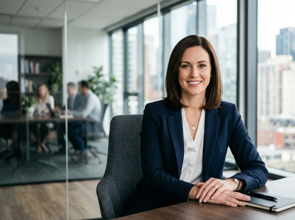 Professional headshot of business woman in navy suit with polished appearance, created using AI photo editing, sitting in modern office with glass windows, soft studio lighting from left, medium close-up at f/2.8, corporate portrait style