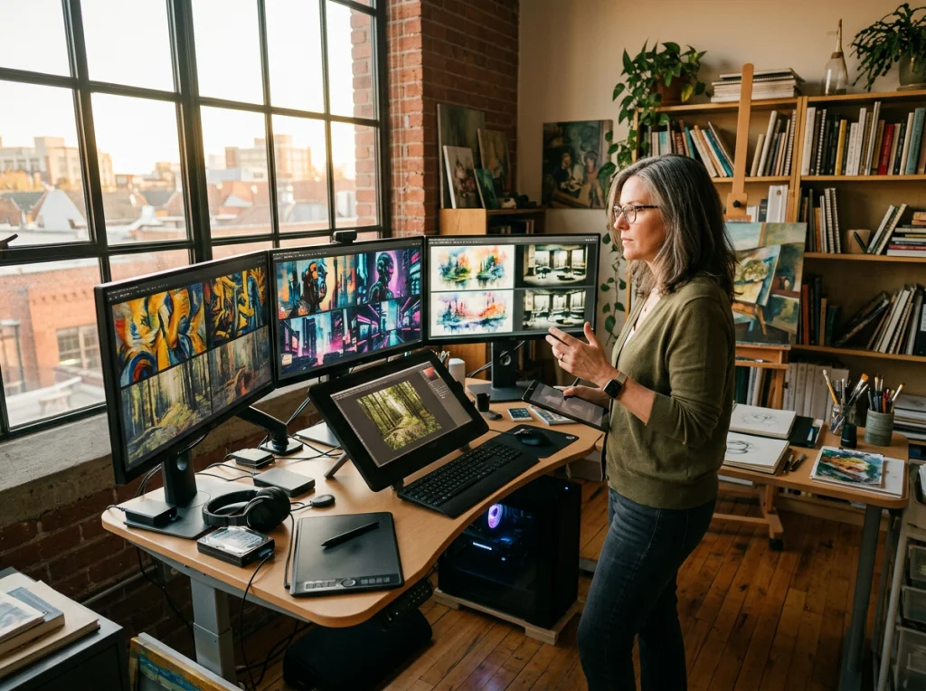 Creative workspace showing multiple monitors displaying different AI art transformations, artist in her 40s comparing results, warm golden hour lighting through large window, wide angle studio shot, professional creative environment