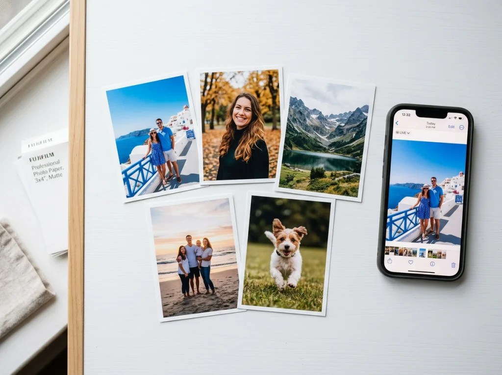 Fresh printed 3x4 photos on professional photo paper laid out on white surface next to smartphone showing the digital version, natural daylight, overhead flat lay shot, product photography, sharp detail
