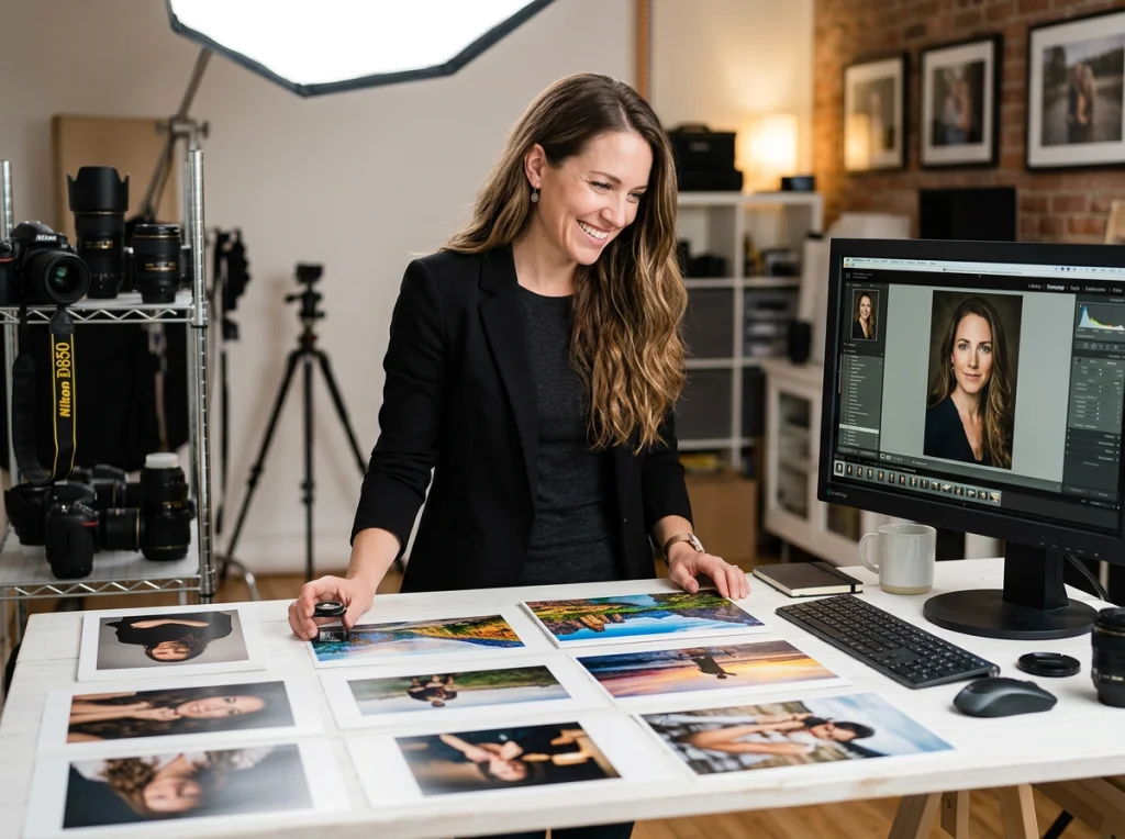Professional photographer in her 30s with long brown hair, wearing black blazer, satisfied smile while reviewing high-resolution prints laid out on large white desk with professional monitor showing image editing software, soft studio lighting from above, medium shot at eye level, commercial photography