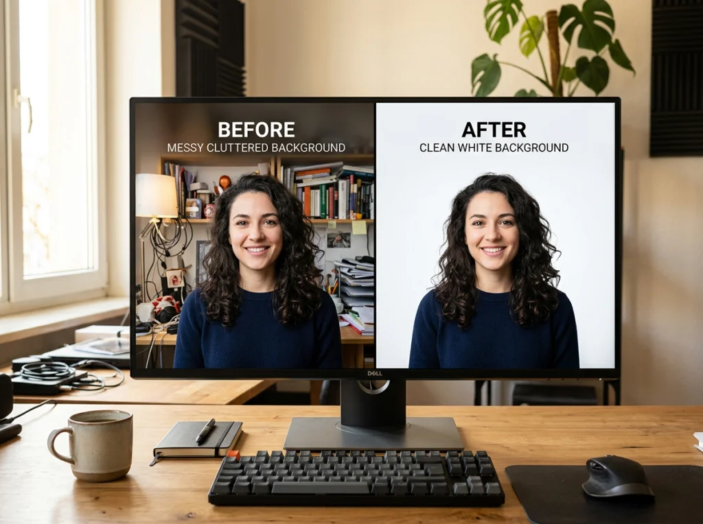 Split-screen comparison showing same portrait photo, left side with messy cluttered background, right side with clean white background, both images side by side on computer monitor, bright desk lighting, straight-on view, before-and-after photography style