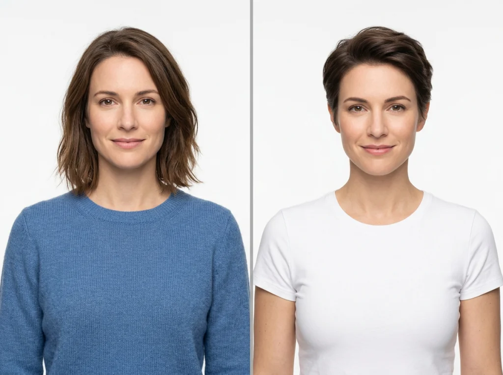 Split screen comparison showing same woman with shoulder-length brunette hair on left side wearing casual blue sweater, and right side showing her with short pixie cut, clean white background, professional studio lighting, straight-on headshot, before-and-after photography style