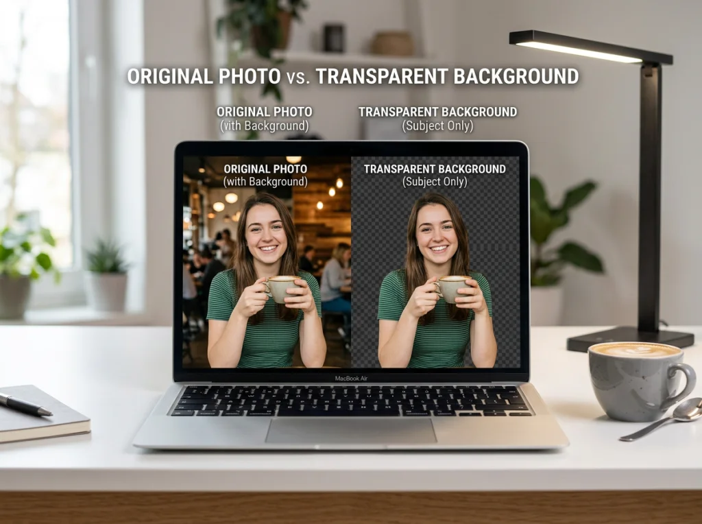 Split-screen comparison showing original photo with background on left and same photo with transparent background on right, displayed on modern laptop screen, clean white desk with coffee cup, soft desk lamp lighting, straight-on view, technical demonstration photography, crisp focus