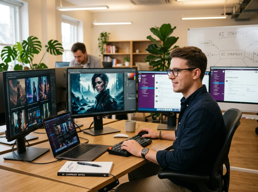 Young marketing professional in his late 20s with glasses and casual shirt, sitting at a modern desk with multiple screens displaying AI-generated images, soft office lighting from overhead, medium shot at eye level, professional workspace photography