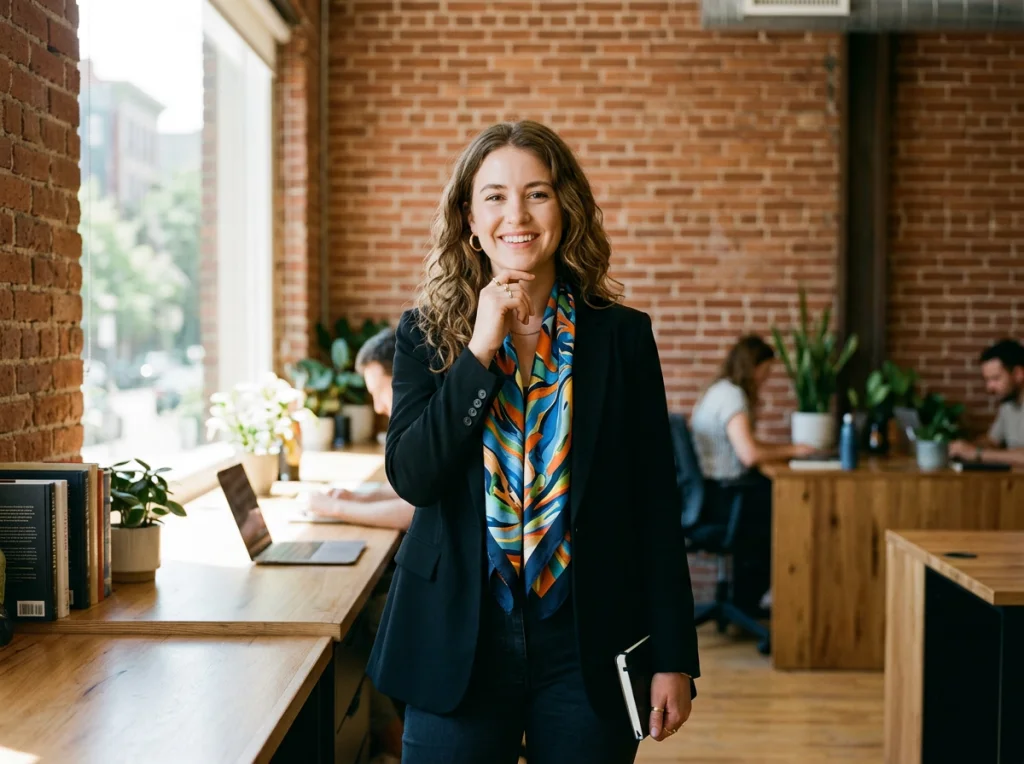 Creative woman in her late 20s with colorful scarf and black blazer, confident pose with hand near chin, modern office with exposed brick wall background, natural light from large windows, three-quarter angle medium shot, lifestyle portrait style, artistic depth of field