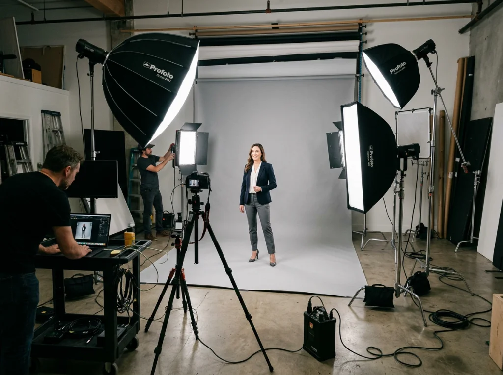 Photography setup showing proper lighting for background removal, model in business attire against neutral backdrop, professional lighting equipment visible, three-point lighting setup, behind-the-scenes photography, studio environment