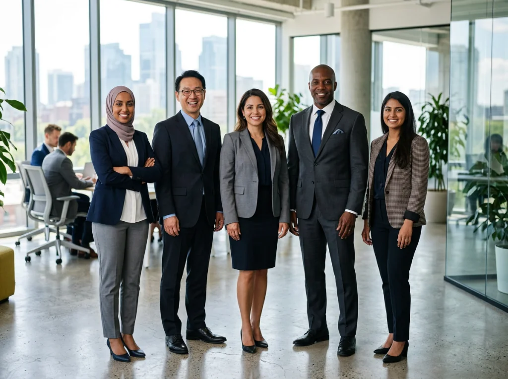 Diverse group of five professionals in business attire from different ethnic backgrounds, standing in modern office environment, natural lighting through large windows, group portrait composition, corporate diversity concept, professional photography style