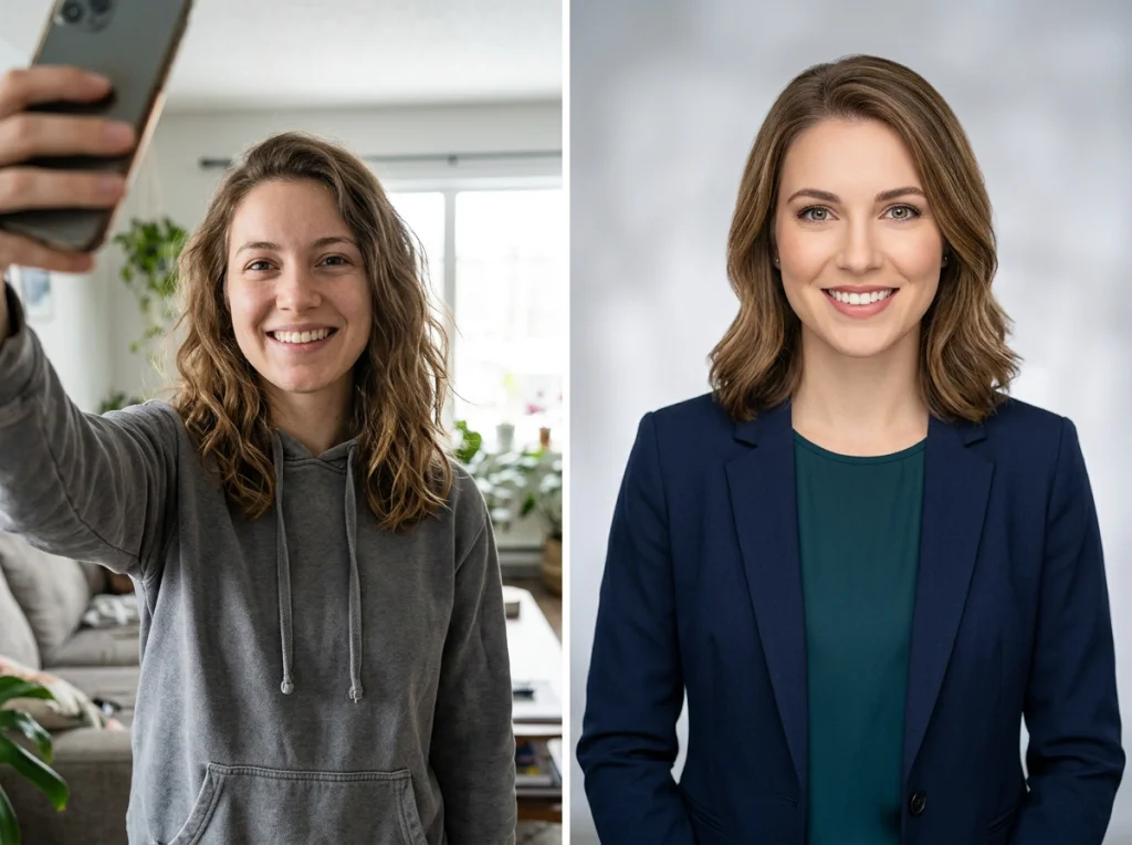 Split screen showing before and after portrait transformation, casual selfie on left becoming professional headshot on right, bright studio lighting, straight-on comparison shot, commercial photography style