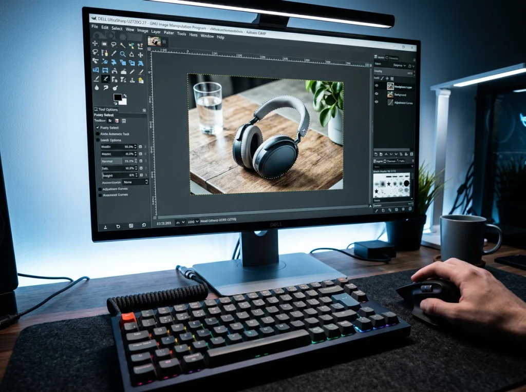Computer screen displaying GIMP software interface with a product photo being edited, close-up view of the workspace, cool LED monitor lighting, angled view showing keyboard and mouse, tech photography
