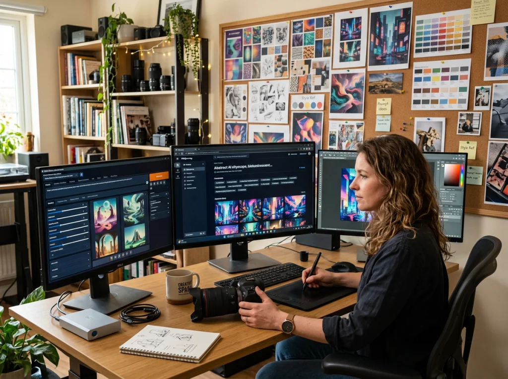 Creative workspace setup with multiple monitors showing different AI art generation interfaces, color palette swatches and mood boards pinned to cork board, professional photographer