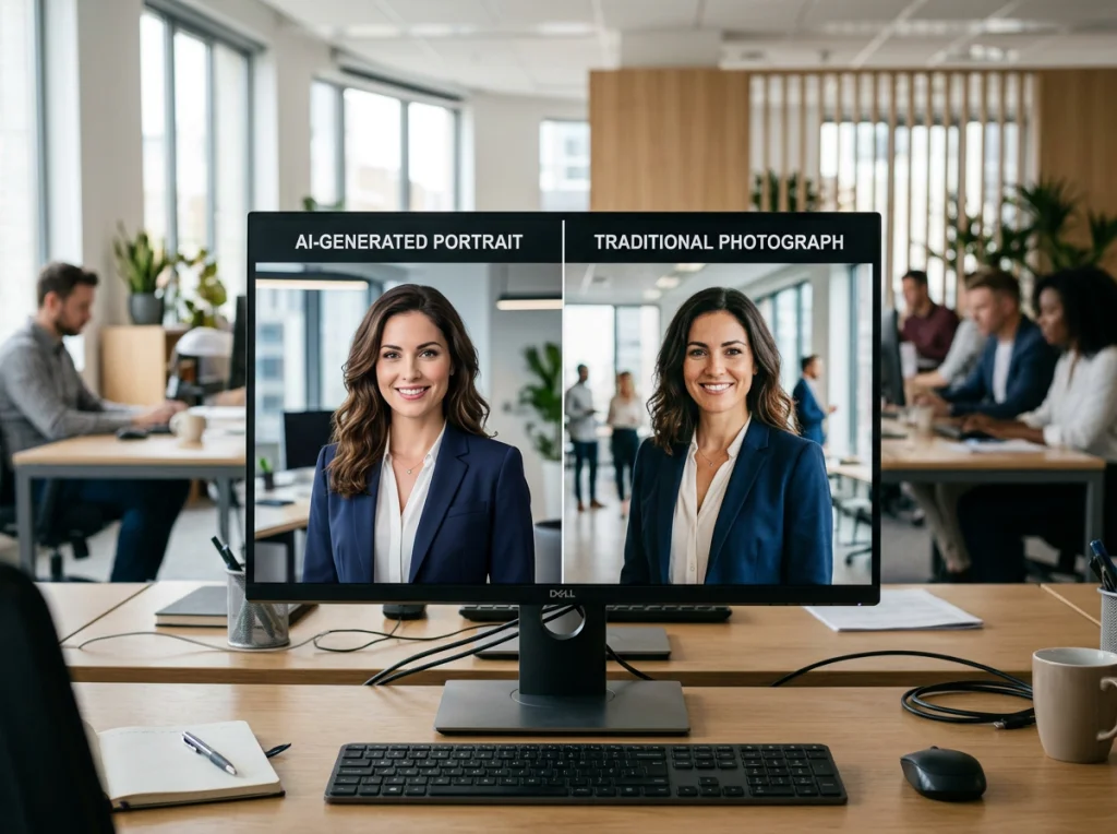 Split screen comparison showing AI-generated portrait on left versus traditional photograph on right, both showing same woman in business suit, displayed on computer monitor, modern office setting with natural lighting, eye-level view, documentary photography style