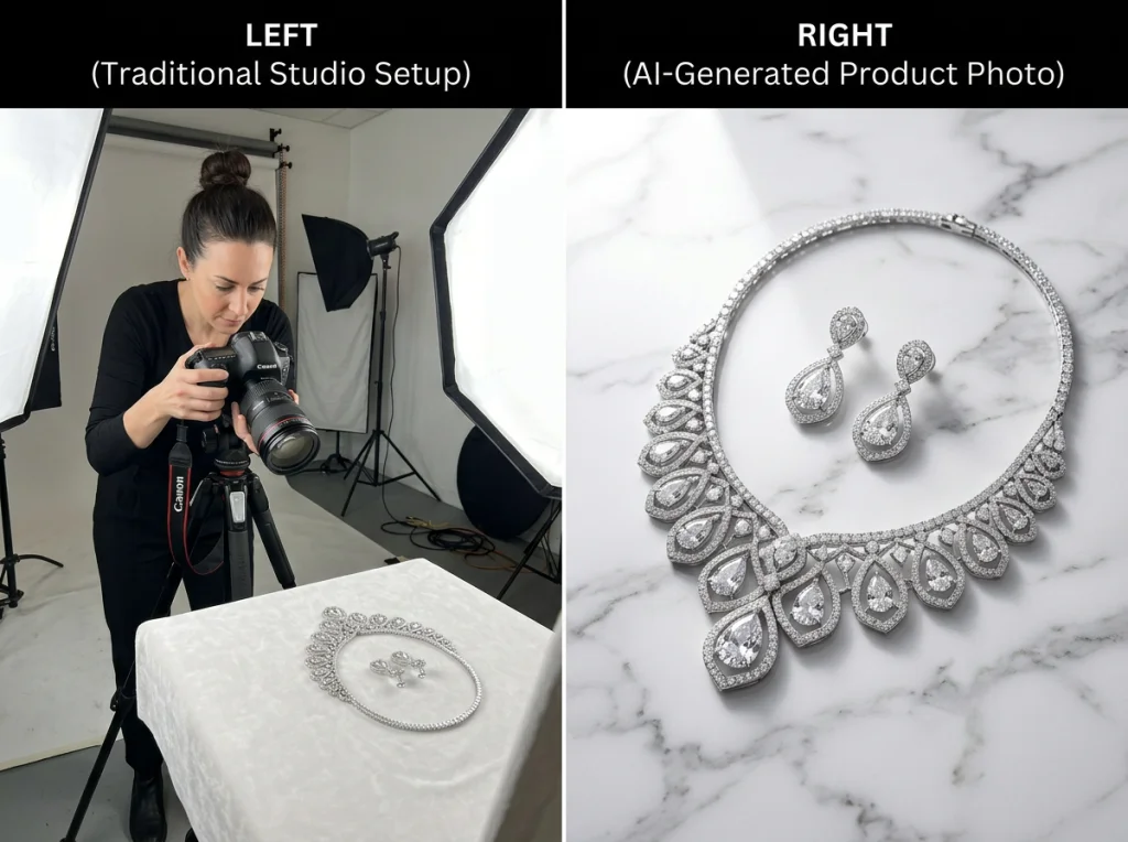 Split-screen comparison showing traditional photo studio on left with professional lighting equipment and photographer, AI-generated product photo on right showing same jewelry piece on marble surface, bright studio lighting, medium shot from above, commercial photography comparison, crisp sharp focus