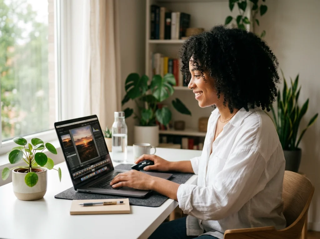 Woman in her 20s with curly black hair, white blouse, looking at laptop screen showing photo editing interface, sitting at modern white desk with plants, soft natural light from window, eye-level medium shot, lifestyle photography, shallow depth of field