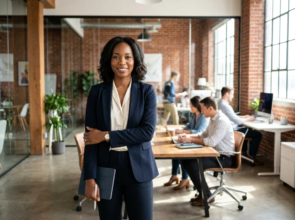 Entrepreneur woman in her 30s with professional attire and confident expression, standing in a modern startup office with exposed brick walls, natural window lighting from the right, three-quarter view medium shot, business portrait photography, crisp focus