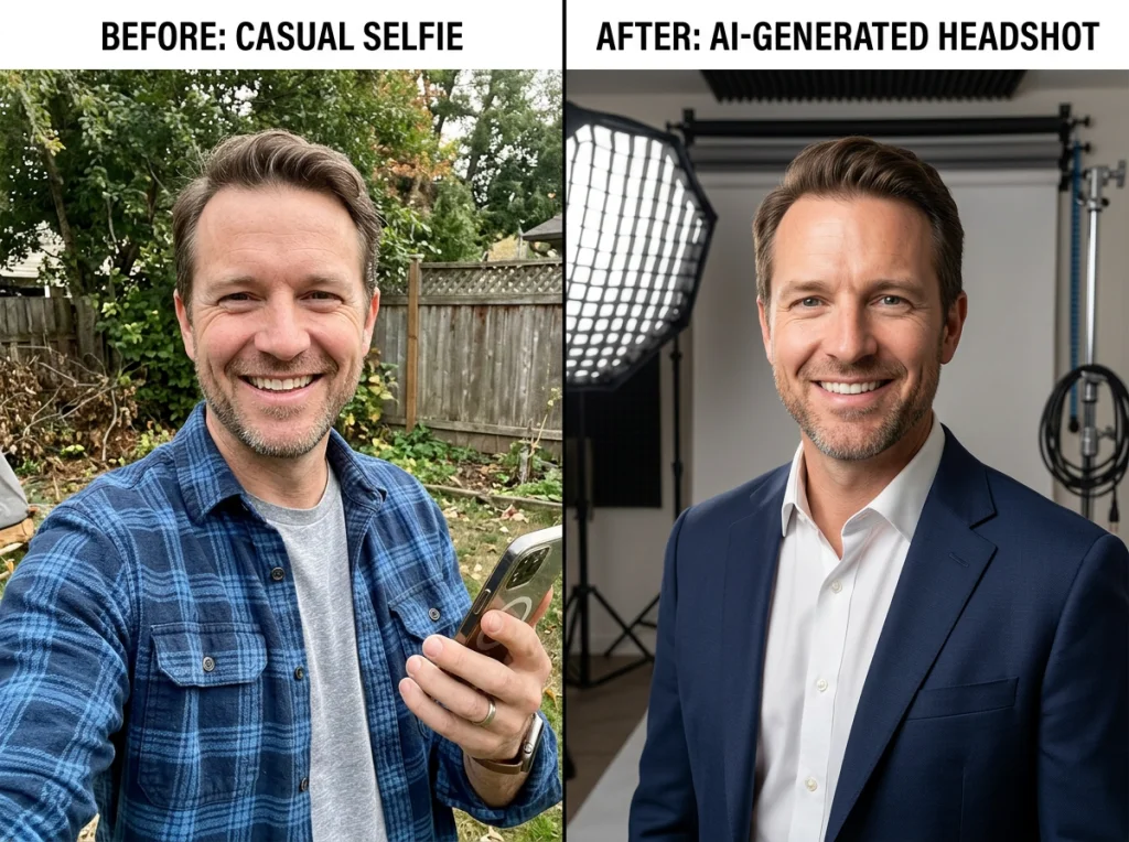 Split-screen comparison showing a casual selfie on the left and a professional AI-generated headshot on the right, both featuring the same man in his 40s, studio lighting setup visible in background, before-and-after photography style, crisp detail