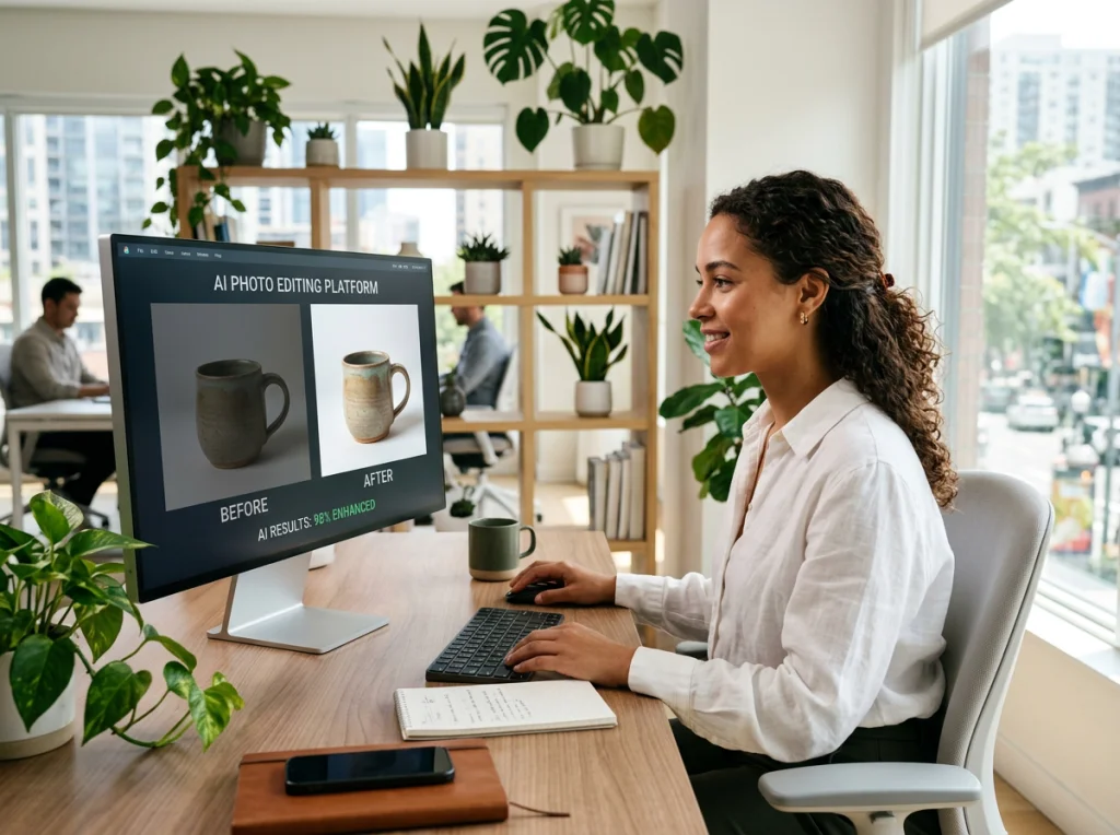 Young female entrepreneur in her late 20s with curly hair, wearing a white blouse, reviewing product photos on a large computer monitor showing before-and-after AI editing results, sitting at a modern desk in a bright office with plants, natural window light from the right, medium shot at eye level, professional lifestyle photography