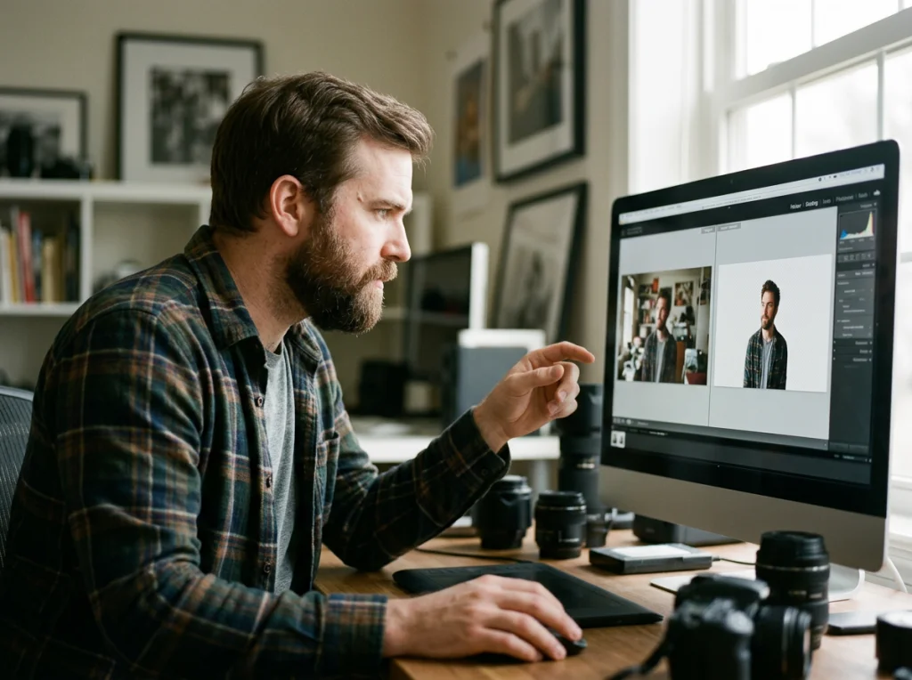 Professional photographer in his 30s with beard, plaid shirt, focused expression, testing background removal on computer monitor showing before/after image, soft office lighting from window, over-shoulder medium shot, documentary photography style