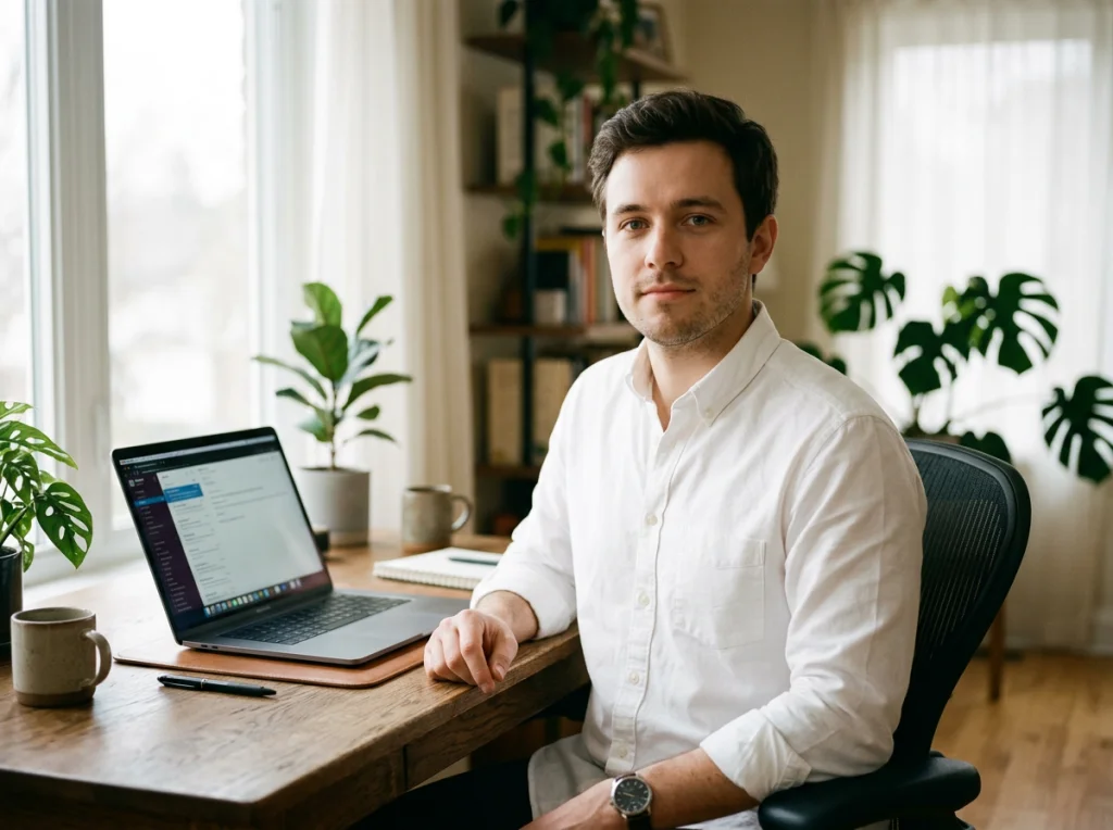Man in his 20s with short dark hair, neutral expression, wearing a white collared shirt, sitting at a desk with laptop open, soft natural light from window, eye-level medium shot, editorial portrait style, shallow depth of field