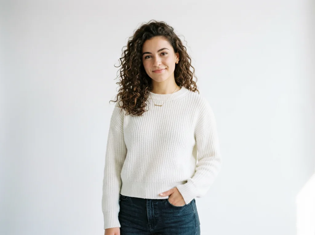 Woman in her 20s with curly brown hair, white sweater, slight smile, standing against a white studio backdrop, soft professional lighting from the right, eye-level medium shot, editorial portrait style