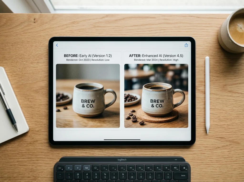 Before and after comparison of AI-generated marketing images showing improvement in quality and detail, displayed side by side on tablet screen, professional studio lighting, overhead flat lay view, clean product photography