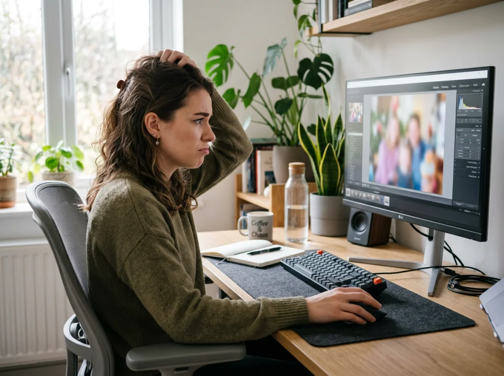 Woman in her 20s with frustrated expression looking at a blurry photo on a computer monitor, sitting at a modern desk with natural lighting, medium shot from side angle, lifestyle photography, shallow depth of field