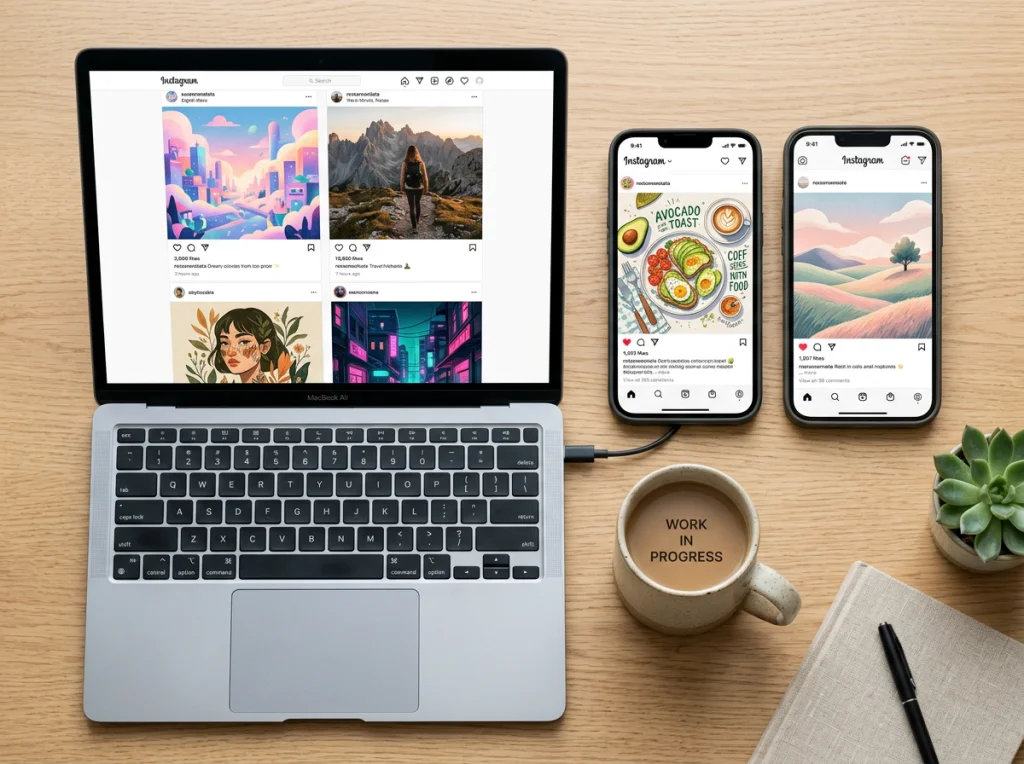 Split-screen comparison showing AI-generated social media images on laptop screen and smartphone, various Instagram-style posts with different artistic styles displayed, modern workspace with coffee cup and notebook, soft overhead lighting, flat lay angle, clean minimalist photography