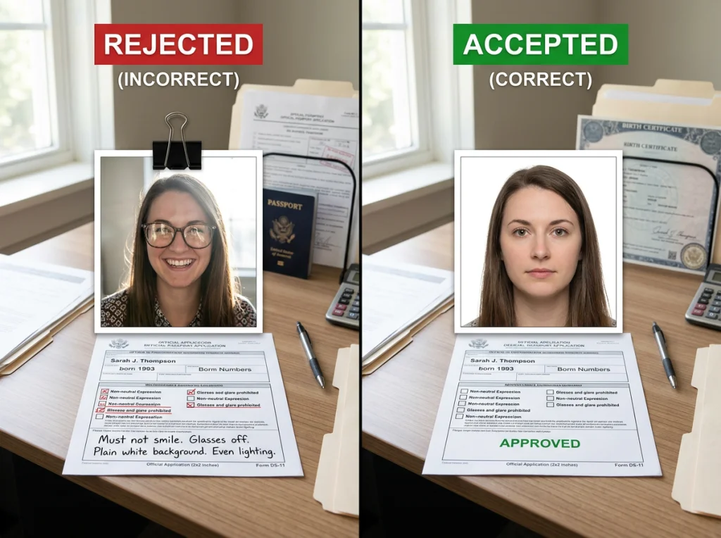 Split-screen comparison showing rejected vs accepted ID photos side by side, official documents visible in background, clean desk setup, natural daylight, straight-on view, documentation photography style
