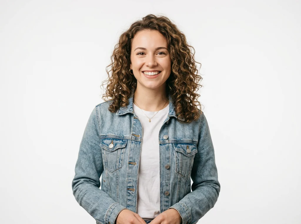 Young woman in her 20s with curly brown hair wearing a light blue denim jacket, smiling naturally, standing against a clean white background, soft studio lighting from the front, medium shot at eye level, portrait photography, professional headshot style