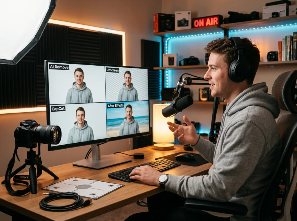 Male content creator in his 20s with short brown hair wearing grey hoodie, comparing multiple background removal results on desktop monitor with split-screen view, sitting in home studio with camera equipment, warm desk lamp lighting, side angle medium shot, tech review photography