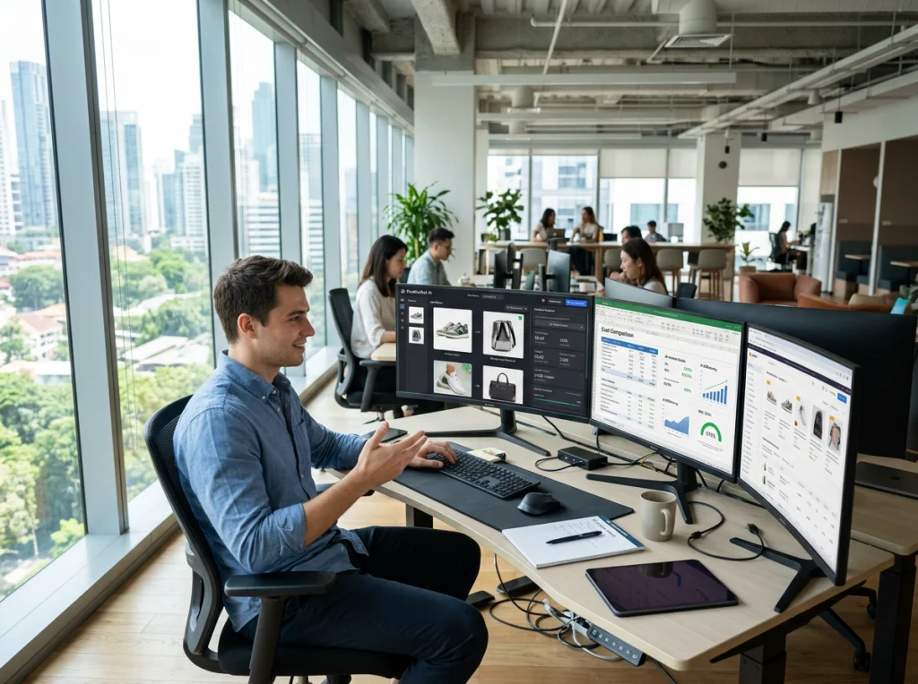 Modern e-commerce office with multiple computer screens showing different AI photo studio interfaces, young businessman in casual blue shirt analyzing product photos and cost comparisons, natural daylight from large windows, wide shot showing full workspace, professional business photography, balanced lighting