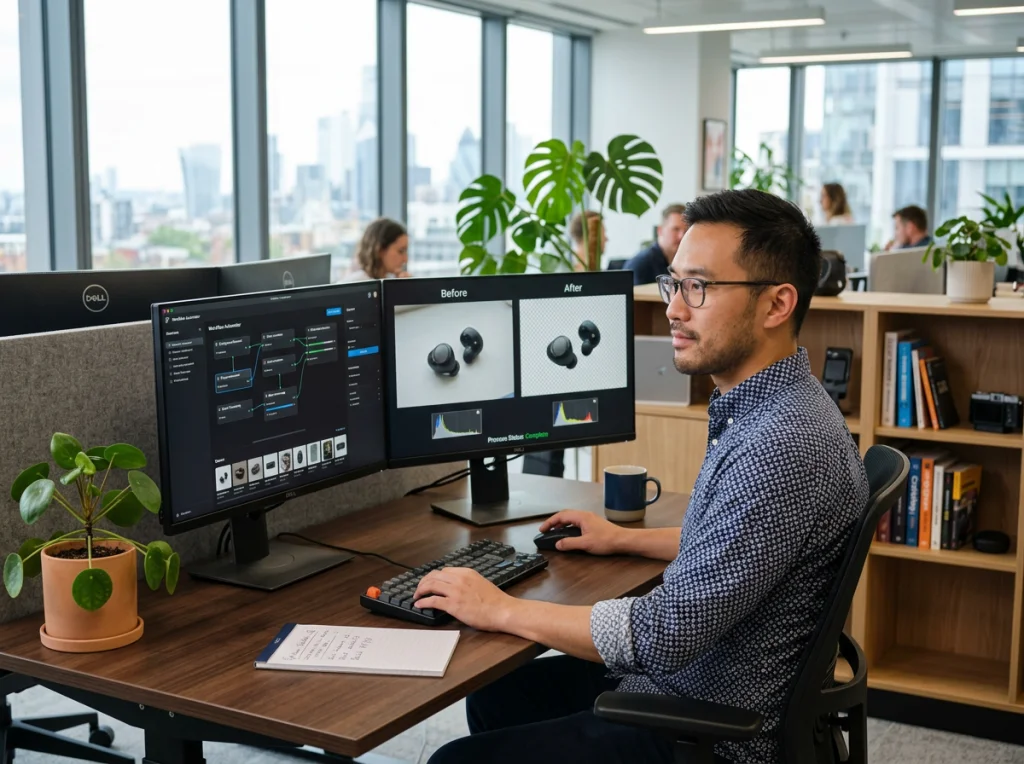 Professional workspace showing an e-commerce manager in his mid-30s with short dark hair and glasses, wearing a casual button-down shirt, sitting at a dual-monitor setup displaying automated photo editing workflows and before-after product images, modern office with plants and natural light from large windows, medium shot at eye level, contemporary business photography with shallow depth of field