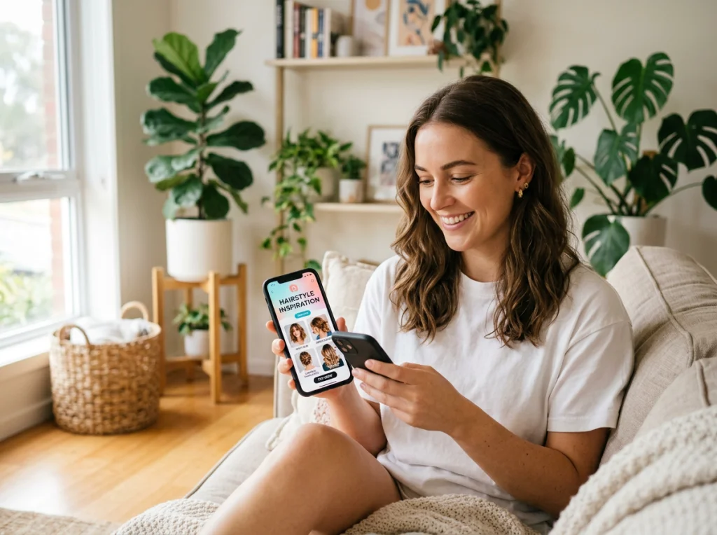 Young woman in her late 20s with medium-length brown hair, casual white t-shirt, holding smartphone with hairstyling app open on screen, sitting in bright living room with plants in background, natural daylight from window, eye-level medium shot, lifestyle photography, shallow depth of field
