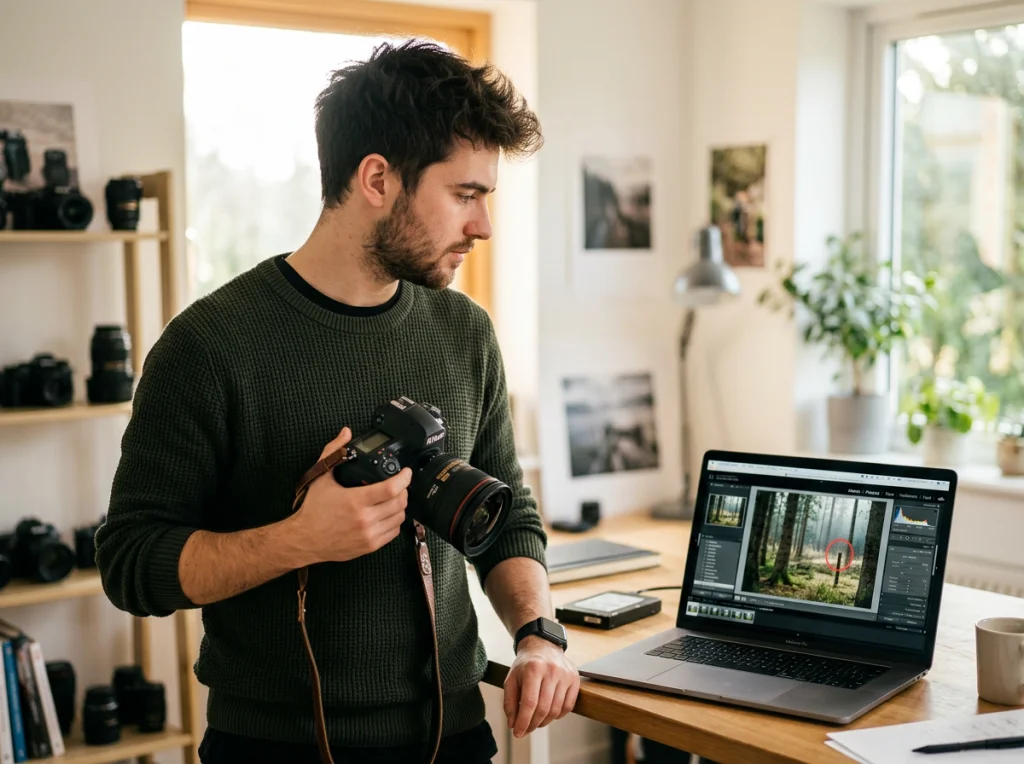 Fotógrafo en sus 20s con cabello oscuro, sosteniendo cámara DSLR, frente a laptop que muestra interfaz de edición con eliminación de objetos destacada, luz natural del día desde ventana detrás, toma media en ángulo tres cuartos, fotografía de estilo de vida, poca profundidad de campo