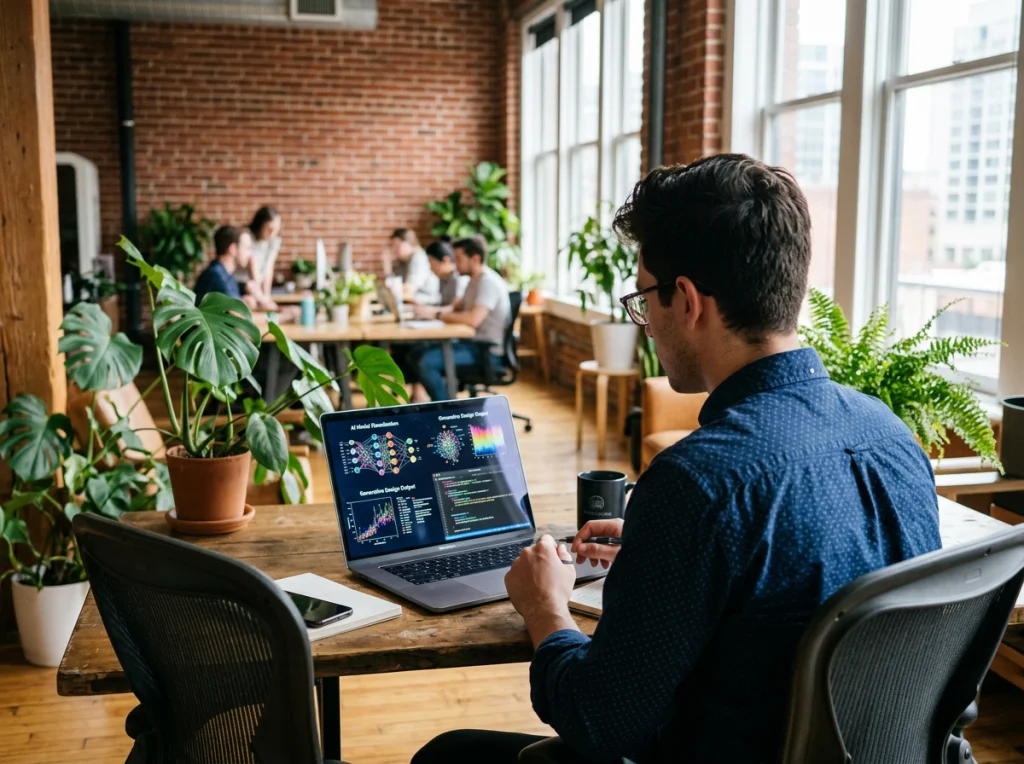 Entrepreneur in his 20s with dark hair and glasses, wearing a casual button-down shirt, working at a modern startup office with exposed brick walls and plants, natural morning light from large windows, over-shoulder shot showing laptop screen with AI-generated graphics, documentary style photography, shallow depth of field