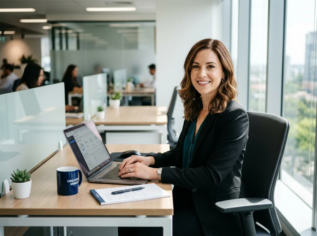 Woman in her early 30s with brown hair in a black blazer, sitting at a modern office desk with a laptop, natural window light from the right, medium shot at eye level, professional corporate photography, sharp focus