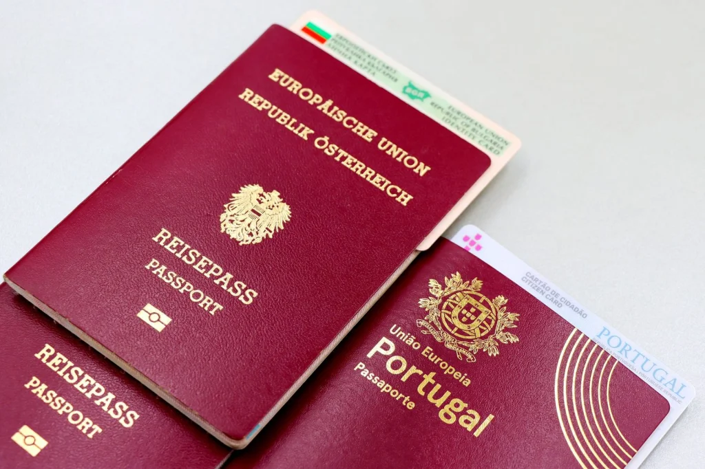 Split screen comparison showing traditional passport photo on left vs modern AI-generated professional headshot on right, professional man in navy suit, clean white background transitioning to modern office environment, studio lighting setup, side-by-side comparison layout, commercial photography style
