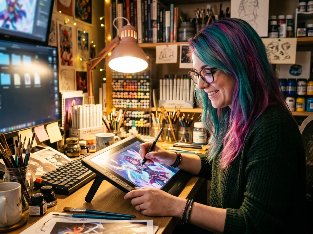 Digital artist in their 30s with glasses and colorful hair, working on tablet with stylus, anime artwork visible on screen, creative studio setup with art supplies, warm desk lamp lighting, close-up shot at f/2.8, creative workspace photography, vibrant colors