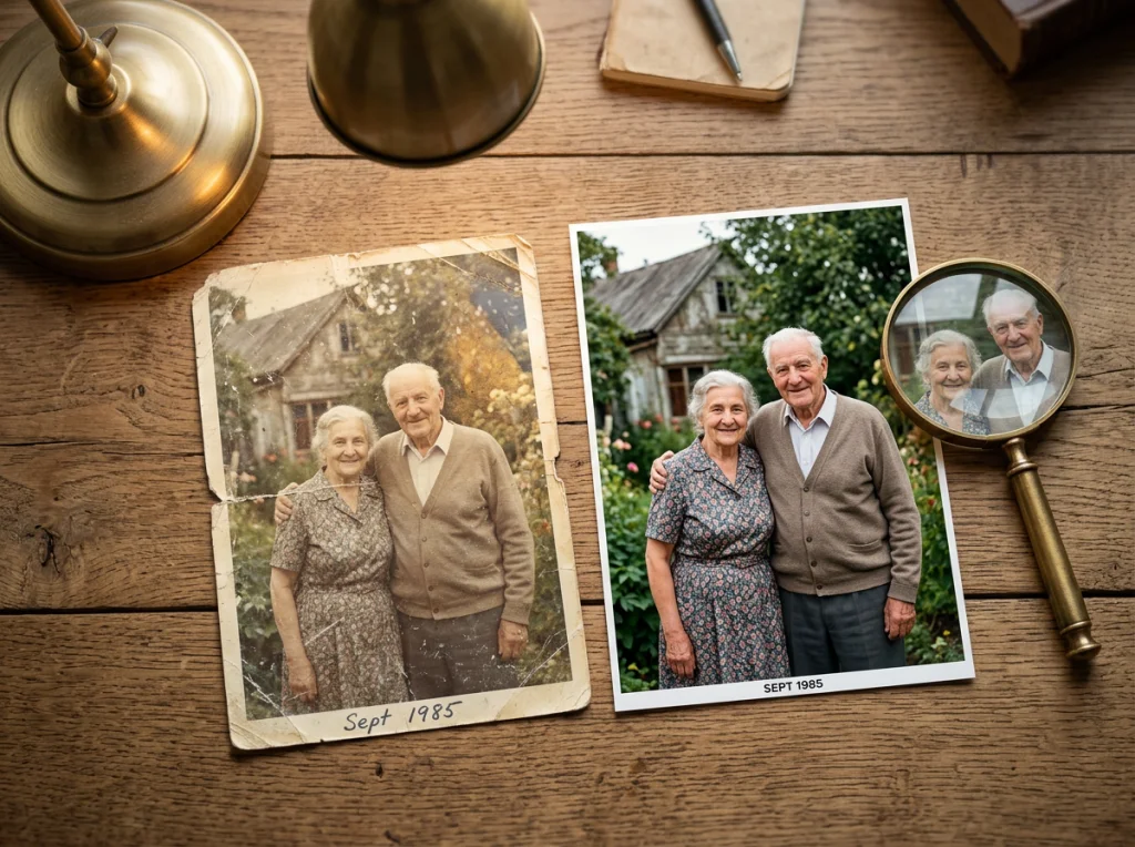 Vintage family photograph from 1985 showing elderly couple in their 70s, slightly faded and scratched, alongside restored version with enhanced colors and clarity, displayed on wooden desk with magnifying glass, soft desk lamp lighting, overhead flat-lay shot, documentary photography, nostalgic mood