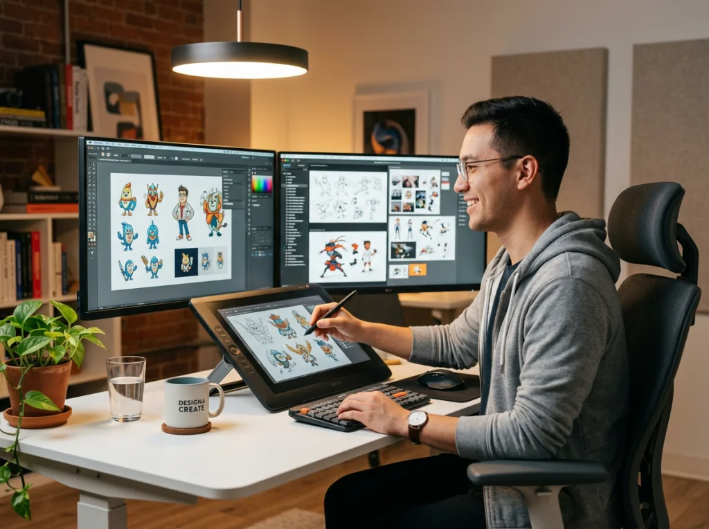 Designer in his 20s with short dark hair wearing a casual gray hoodie, sitting at a modern white desk with dual monitors showing mascot sketches, warm LED lighting from above, eye-level medium shot, professional workspace photography, clean aesthetic