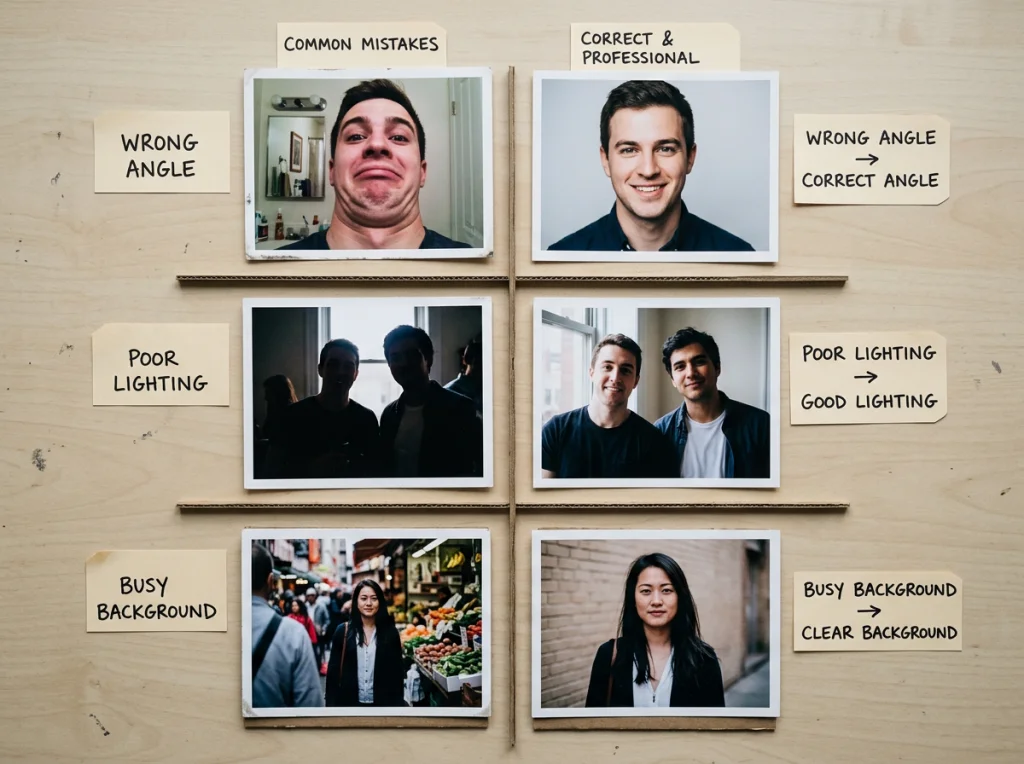 Grid of common photo mistakes showing wrong angle selfie, poor lighting, busy background, and low resolution compared to correct professional 3x4 examples, documentary style photography, flat lay arrangement, even lighting