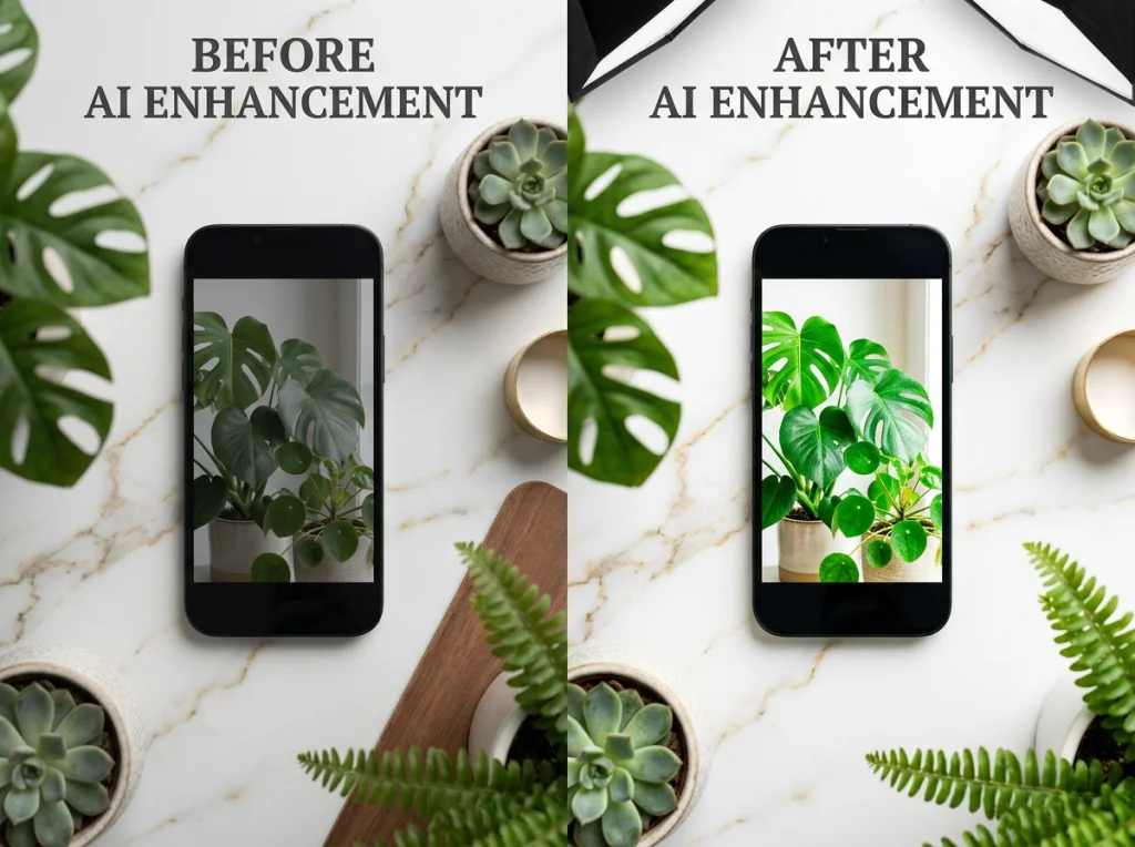 Installation de photographie de produit smartphone montrant avant et après amélioration IA, téléphone sur surface en marbre avec plantes, éclairage studio professionnel au-dessus, prise de vue à plat en plongée, photographie commerciale, netteté sur toute la surface