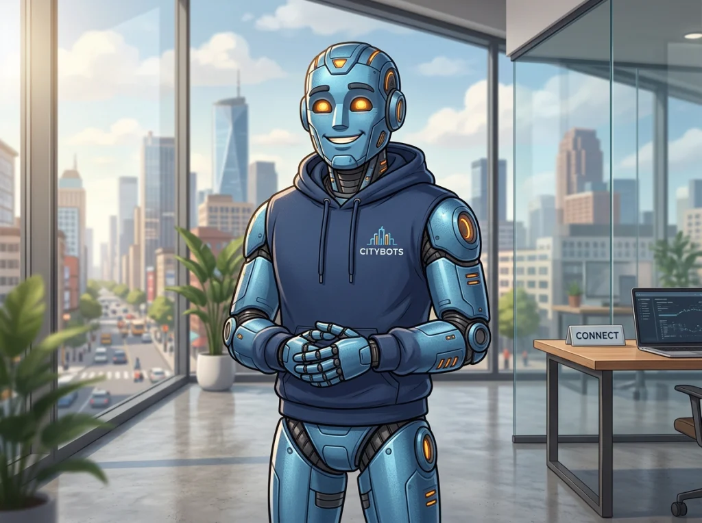 Friendly blue metallic robot mascot in his 30s with glowing orange eyes wearing a navy hoodie, warm genuine smile, standing in a modern glass office with city skyline visible through windows, soft natural lighting from the left, eye-level medium shot, clean digital illustration, professional brand character design