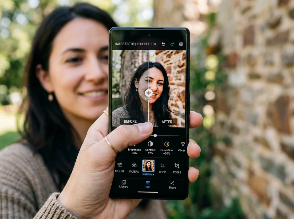 Close-up view of smartphone screen showing photo editing interface with before and after images side by side, person
