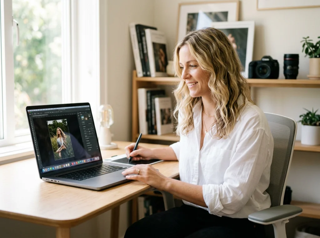 Professional photographer in her 30s with wavy blonde hair wearing white shirt, sitting at modern desk with laptop displaying background removal interface, natural window light from left side, eye-level medium shot, editorial photography style, shallow depth of field