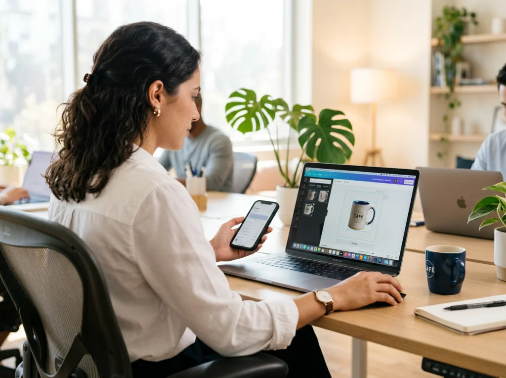 Young Hispanic businesswoman in white shirt holding phone, removing product background on laptop screen, sitting at modern office desk with coffee cup, soft morning light from window, medium shot over shoulder view, commercial photography, crisp focus