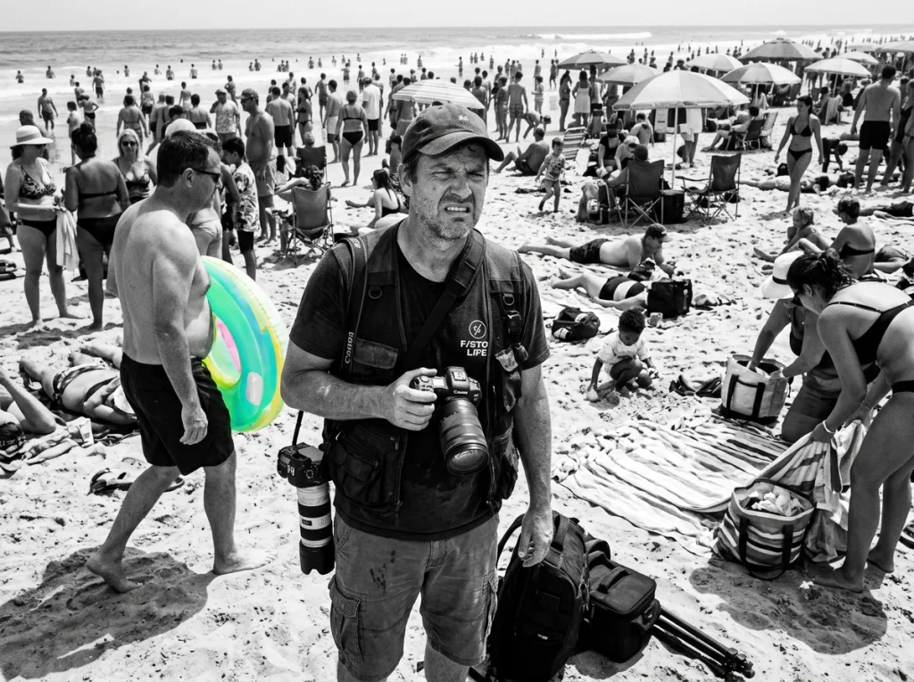 Frustrado fotógrafo de unos 40 años con equipo de cámara, parado en una playa llena de turistas en el fondo, luz solar dura del mediodía que crea sombras poco favorecedoras, plano general mostrando caos, estilo de fotografía documental con alto contraste