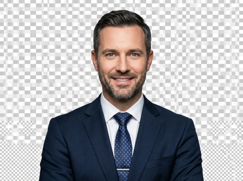Professional headshot of confident businessman in dark suit with removed background showing transparent checkerboard pattern, clean studio lighting from front, head and shoulders composition, corporate photography style, sharp focus
