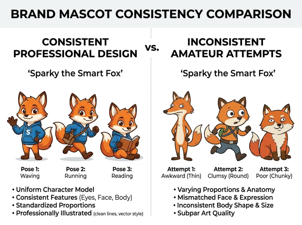 Split-screen comparison showing the same brand mascot character - left side shows consistent professional design across three different poses, right side shows inconsistent amateur attempts with varying facial features and proportions, organized on a clean white background, even lighting, side-by-side comparison layout, educational design example