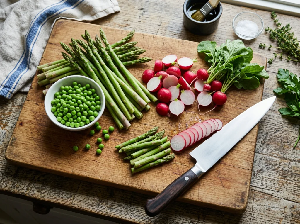 Overhead shot of a wooden cutting board with fresh spring vegetables including asparagus, radishes, and peas, with a sharp chef