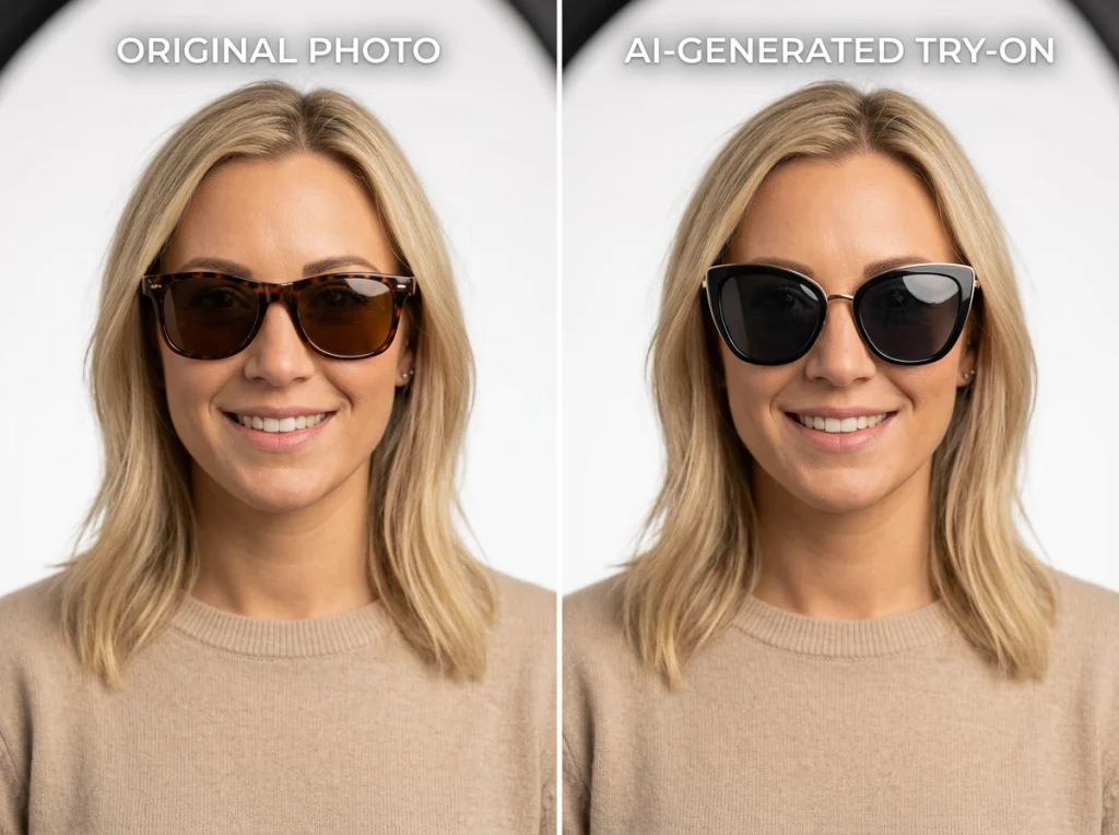 Split screen comparison showing a woman in her early 30s with shoulder-length blonde hair trying on different sunglasses styles, left side shows original photo, right side shows AI-generated try-on effects, studio lighting setup with white backdrop, close-up portrait at f/2.8, commercial product photography